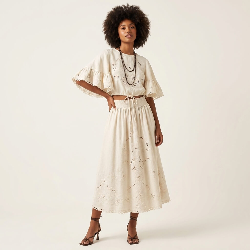 Broderie Gathered Midi Skirt